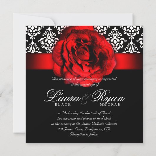 Elegante Wedding Damask Rote Rose Weihnachten Einladung (Vorderseite)