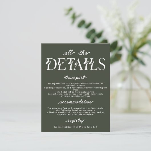 Elegante Wedding Details Card | Moderne Typografie Einladung (Stehend Vorderseite)