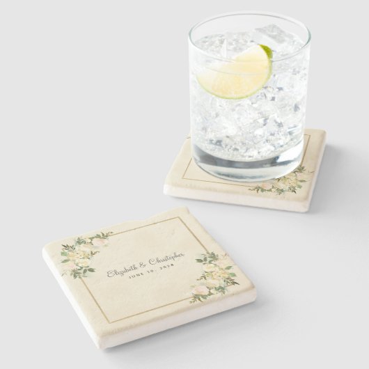 Elegante Wedding Floral Rose Metallic Gold Eggshel Steinuntersetzer (Seitenansicht)