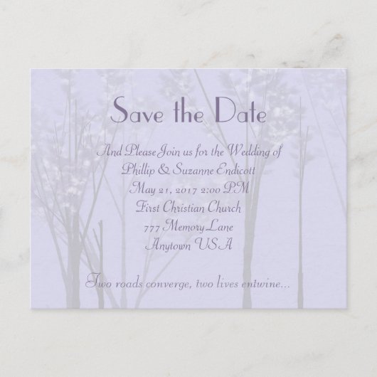 Elegante Wedding Invitation Lavender Tree Art Ankündigungspostkarte (Vorderseite)