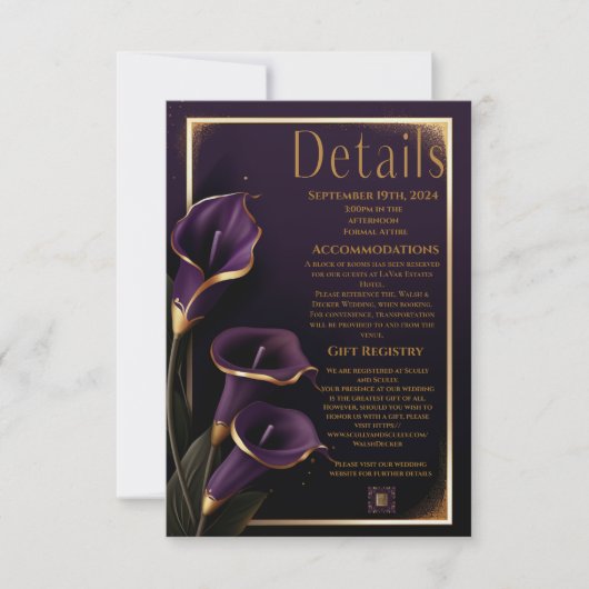 Elegante Wedding Lila Lilies Script Details Card RSVP Karte (Vorderseite)