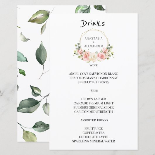 Elegante WEDDING MENU Drinks. (Vorne/Hinten)