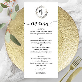 Elegante Wedding Menu Floral Monogram Card