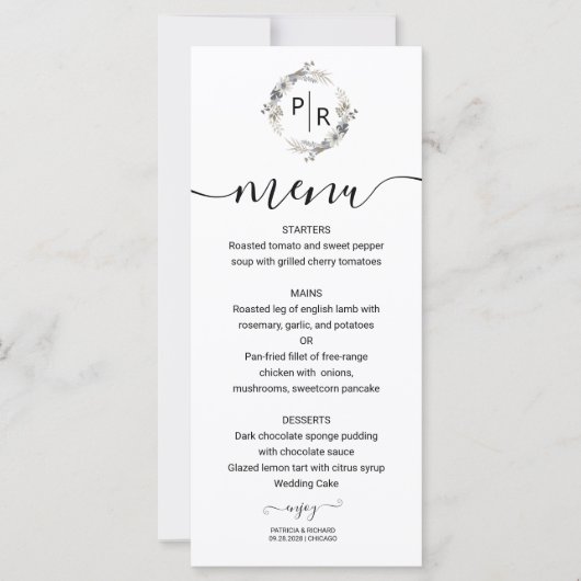 Elegante Wedding Menu Floral Monogram Card (Vorderseite)