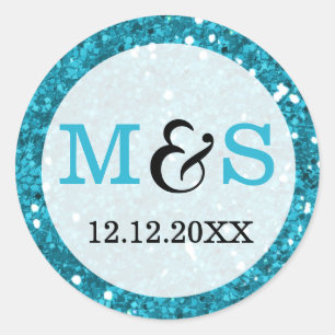 Elegante Wedding Monogram Siegel   Blauer Glitzer Runder Aufkleber