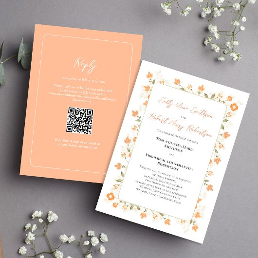 Elegante Wedding Peach Blumenkalligrafie Script Einladung