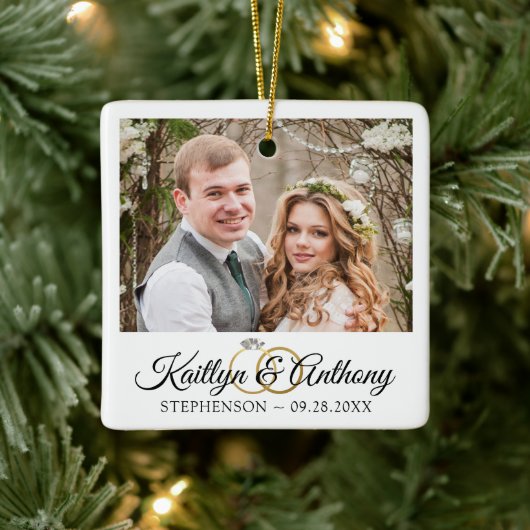 Elegante Wedding Rings 2 Foto Gedenkstein White Keramikornament (Baum)