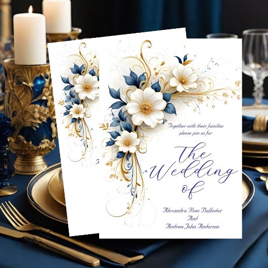 Elegante Wedding Royal Blue White Gold Blume Einladung