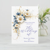 Elegante Wedding Royal Blue White Gold Blume Einladung (Stehend Vorderseite)