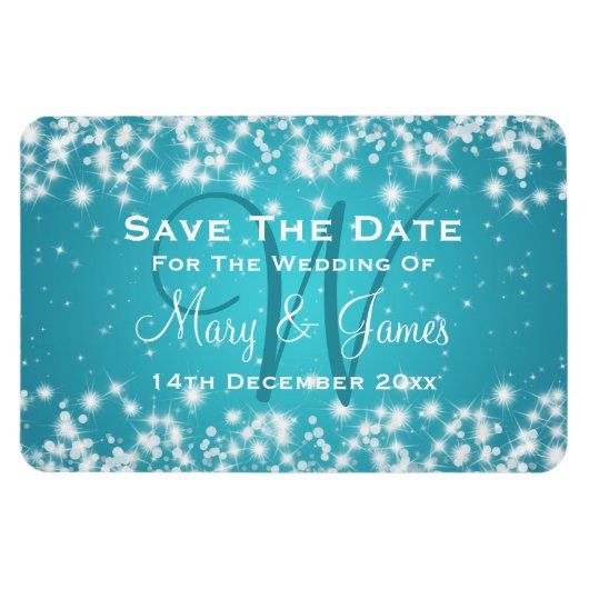 Elegante Wedding Save the Date Winter Sparkle Blue Magnet (Horizontal)