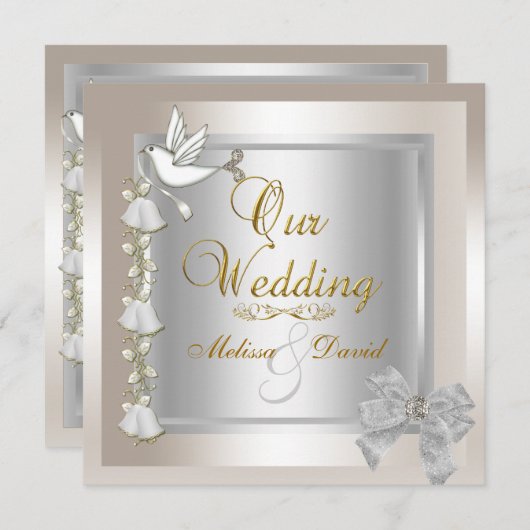 Elegante Wedding Sepia Gold Silver White Dove Einladung (Vorne/Hinten)