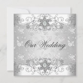 Elegante Wedding Silver White Diamond Jewel Lace Einladung (Vorderseite)