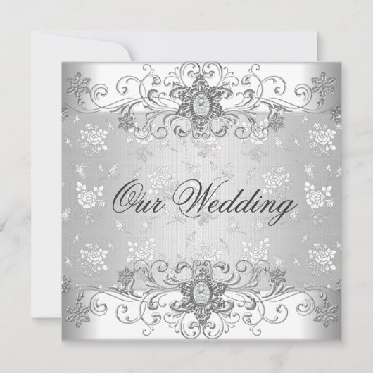 Elegante Wedding Silver White Diamond Jewel Lace Einladung (Vorderseite)