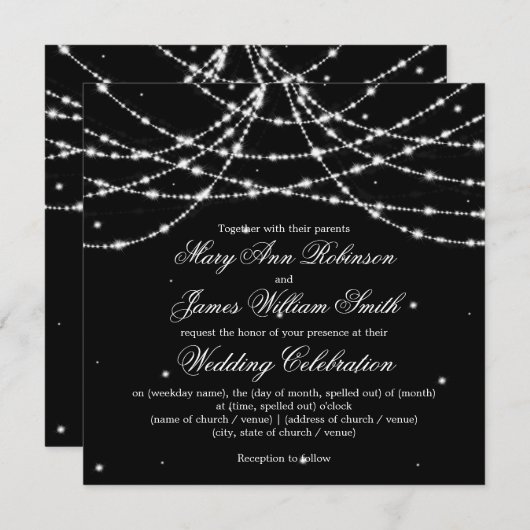 Elegante Wedding Sparkling String Black Einladung (Vorne/Hinten)