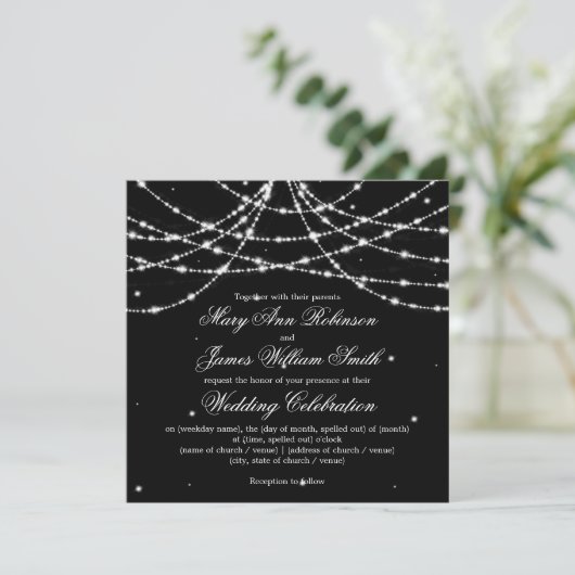 Elegante Wedding Sparkling String Black Einladung (Stehend Vorderseite)