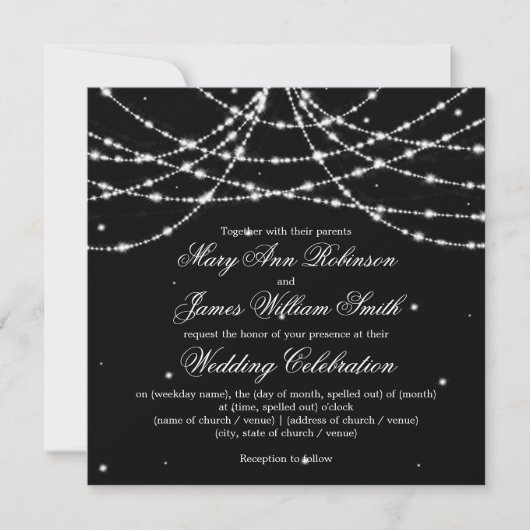 Elegante Wedding Sparkling String Black Einladung (Vorderseite)