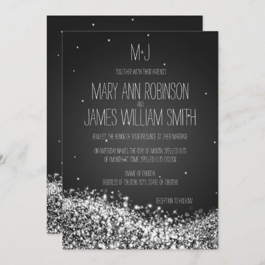 Elegante Wedding Sparkling Wave Black Einladung (Vorne/Hinten)