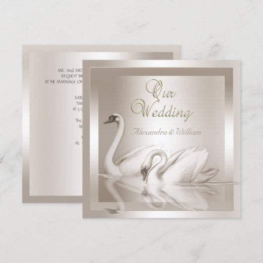 Elegante Wedding Swans Damask Cream White Einladung (Vorne/Hinten)