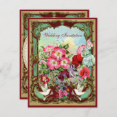 Elegante Wedding Tauben u. Vintage Blumen Einladung (Vorne/Hinten)