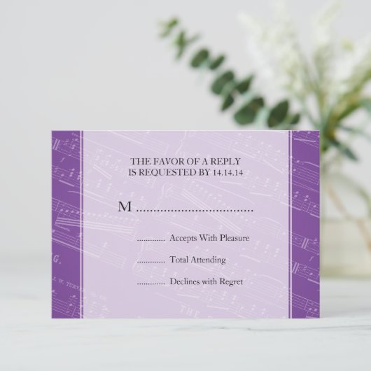 Elegante Wedding UAWG Sheet Music Lila RSVP Karte (Stehend Vorderseite)
