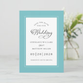 Elegante Wedding Verlobung Calligraphy Aqua White Save The Date (Stehend Vorderseite)