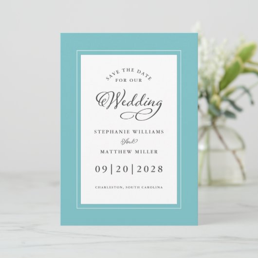 Elegante Wedding Verlobung Calligraphy Aqua White Save The Date (Stehend Vorderseite)