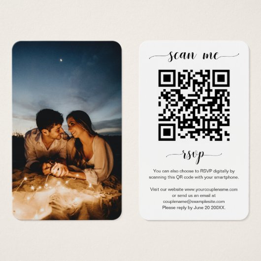 Elegante Wedding Website QR Code Foto RSVP Card (Vorne & Hinten)