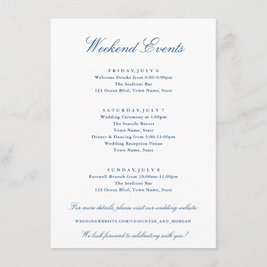 Elegante Weekend Events Navy Blue Wedding Begleitkarte (Vorderseite)