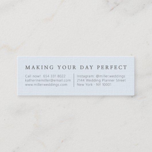 Elegante weiche blaue Leinen minimaler Hochzeitspl Mini Visitenkarte (Rückseite)