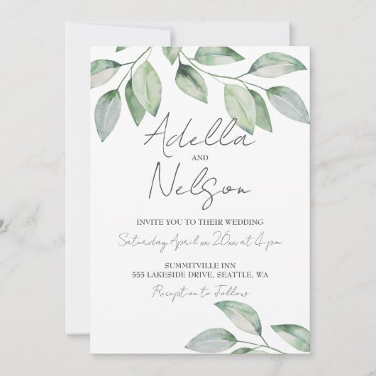 Elegante weiche grüne Blätter Hochzeit Einladung (Vorderseite)