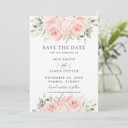 Elegante, weiche Pastel Blush Rose Hochzeit Save The Date (Stehend Vorderseite)
