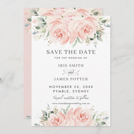 Elegante, weiche Pastel Blush Rose Hochzeit Save The Date (Vorne/Hinten)