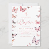 Elegante weiche, rosa Schmetterlingstaufe Einladung (Vorderseite)