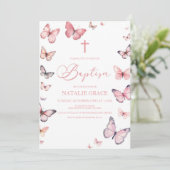 Elegante weiche, rosa Schmetterlingstaufe Einladung (Stehend Vorderseite)