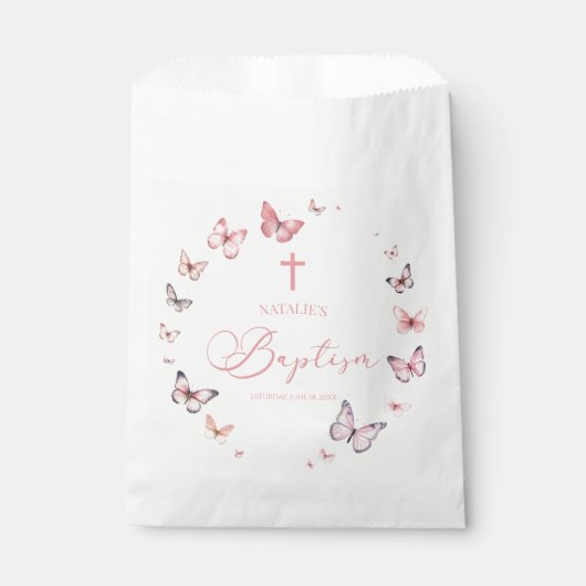 Elegante weiche, rosa Schmetterlingstaufe Geschenktütchen (Vorderseite)