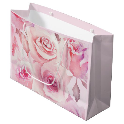 Elegante weiche, subtile Blütenfarbe Rosa Rose Große Geschenktüte (Vorderseite Schrägansicht)