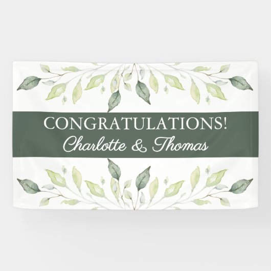 Elegante weiche Wasserfarben Grüne Blätter Hochzei Banner (Horizontal)