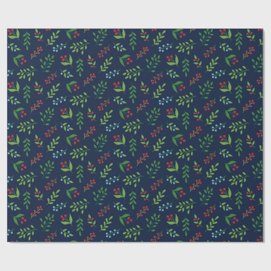 Elegante Weihnachten Berry und Leaf Pattern Navy B Geschenkpapier (Flach)