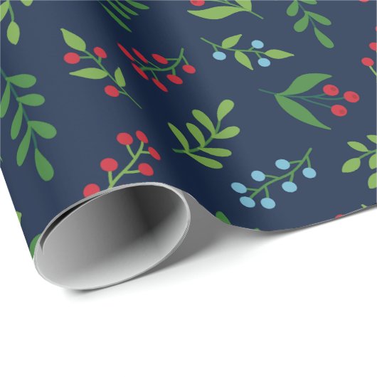 Elegante Weihnachten Berry und Leaf Pattern Navy B Geschenkpapier (Rolleneckpunkt)