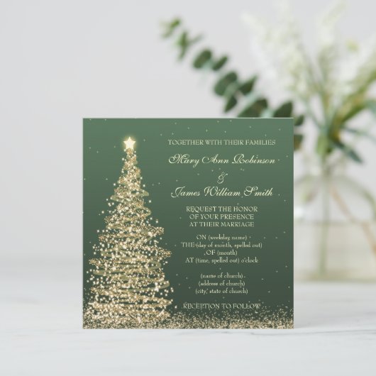 Elegante Weihnachten Hochzeit Gold Green Einladung (Stehend Vorderseite)