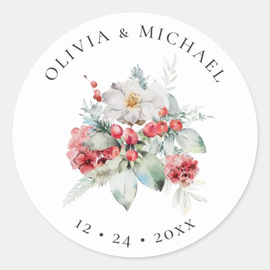 Elegante Weihnachten Hochzeit Wasserfarbenflora Runder Aufkleber (Vorderseite)