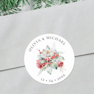 Elegante Weihnachten Hochzeit Wasserfarbenflora Runder Aufkleber
