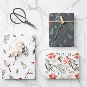 Elegante Weihnachten Holly Berries Urlaubsmuster Geschenkpapier Set