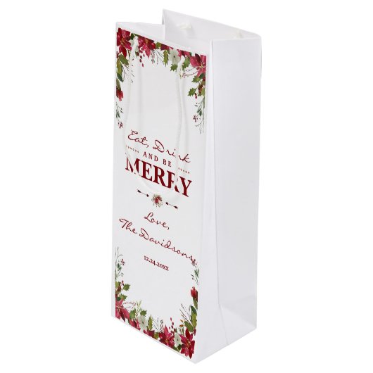 Elegante Weihnachten Poinsettia Essen Drink & be M Geschenktüte Für Weinflaschen (Vorderseite Schrägansicht)