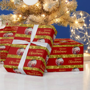 Elegante Weihnachten Rot & Gold Streifen Baby-Foto Geschenkpapier
