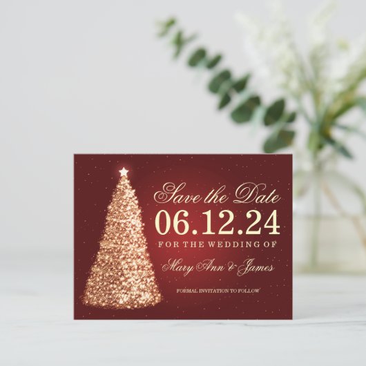 Elegante Weihnachten Save the Date Gold Red Ankündigungspostkarte (Stehend Vorderseite)