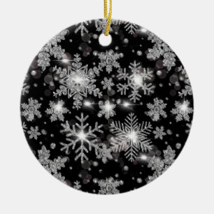 Elegante Weihnachten Schwarz-weiße Silberschneeflo Keramik Ornament