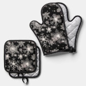 Elegante Weihnachten Schwarz-weiße Silberschneeflo Ofenhandschuh & Topflappen-Set (Vorderseite/Rückseite)