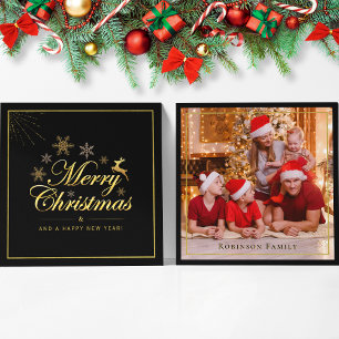 Elegante Weihnachts 1 Foto Schwarz und Gold Script Mitteilungskarte