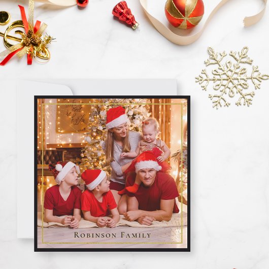 Elegante Weihnachts 1 Foto Schwarz und Gold Script Mitteilungskarte